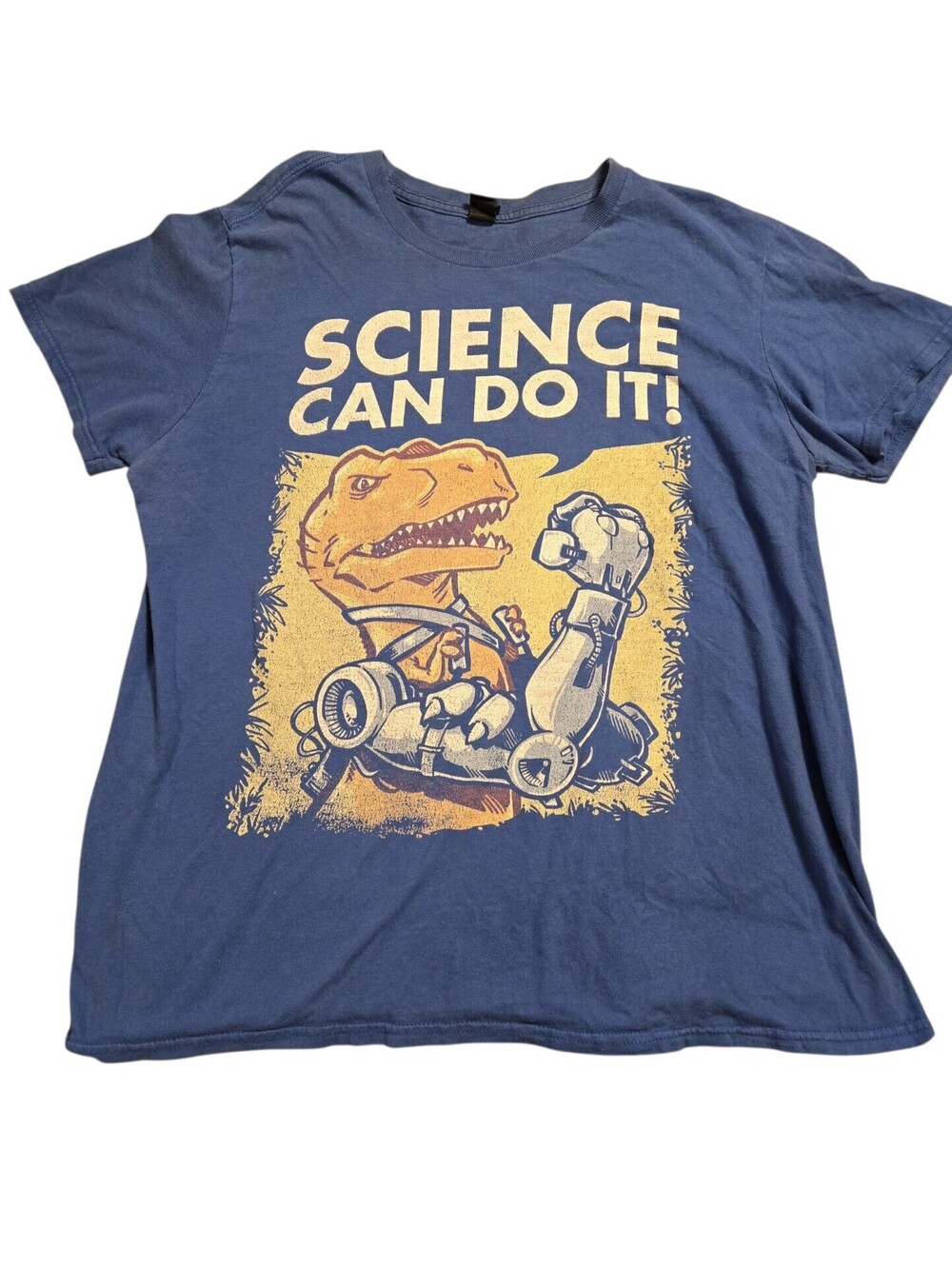 Woot Rex The Riveter Science Can Do It T-Shirt Blue Dinosaur Nerdy Geek Mens M